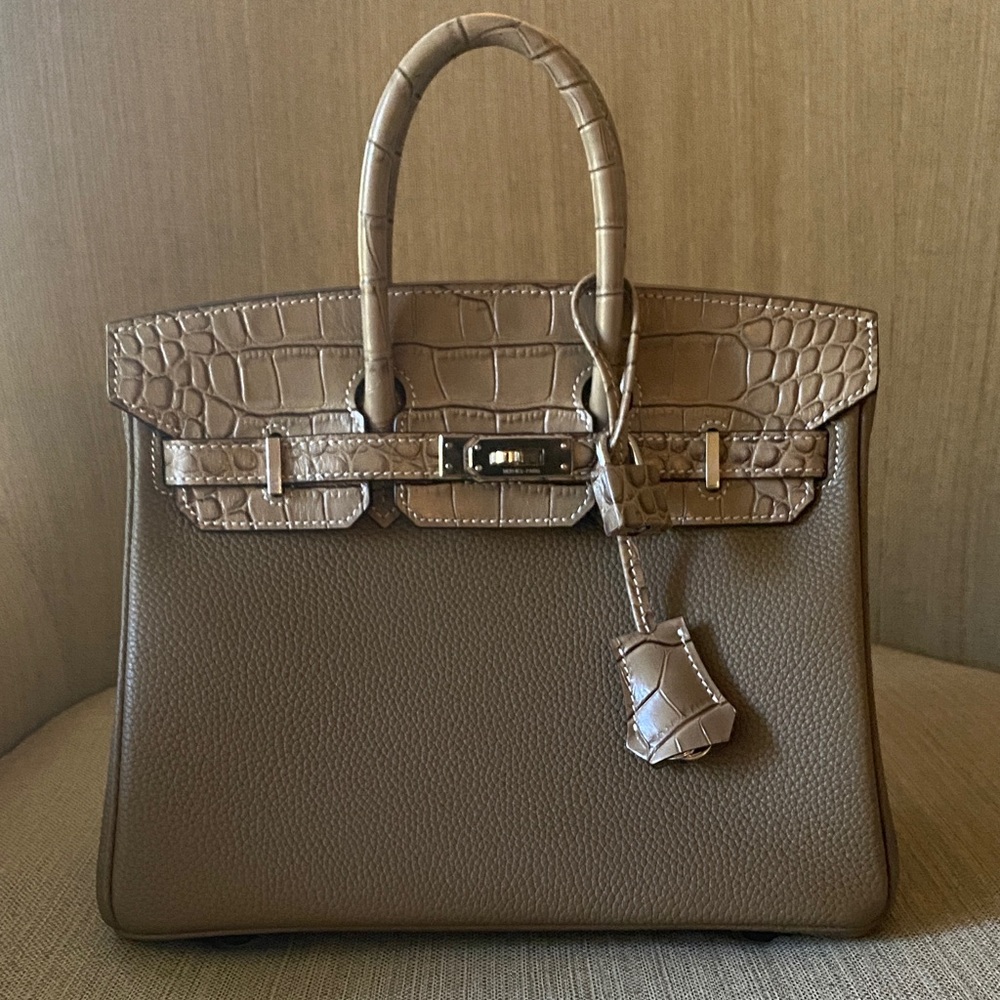 Luxury Taupe Croc-Accent Embossed Handbag, PRICE FIRM